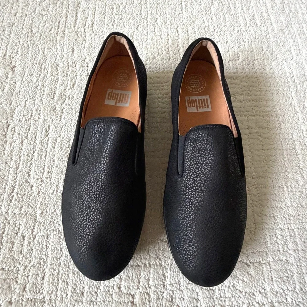 FitFlop Black Textured Leather Slip On Comfort Sneaker Loafer 7 38‎ Supercomff